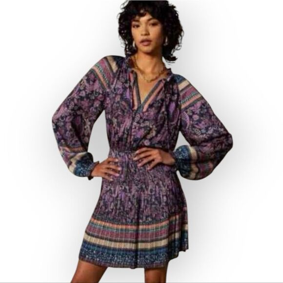 Anthropologie Bond 73 Tie Front Pleated Long Sleeve Sundress Sz L - Picture 2 of 7